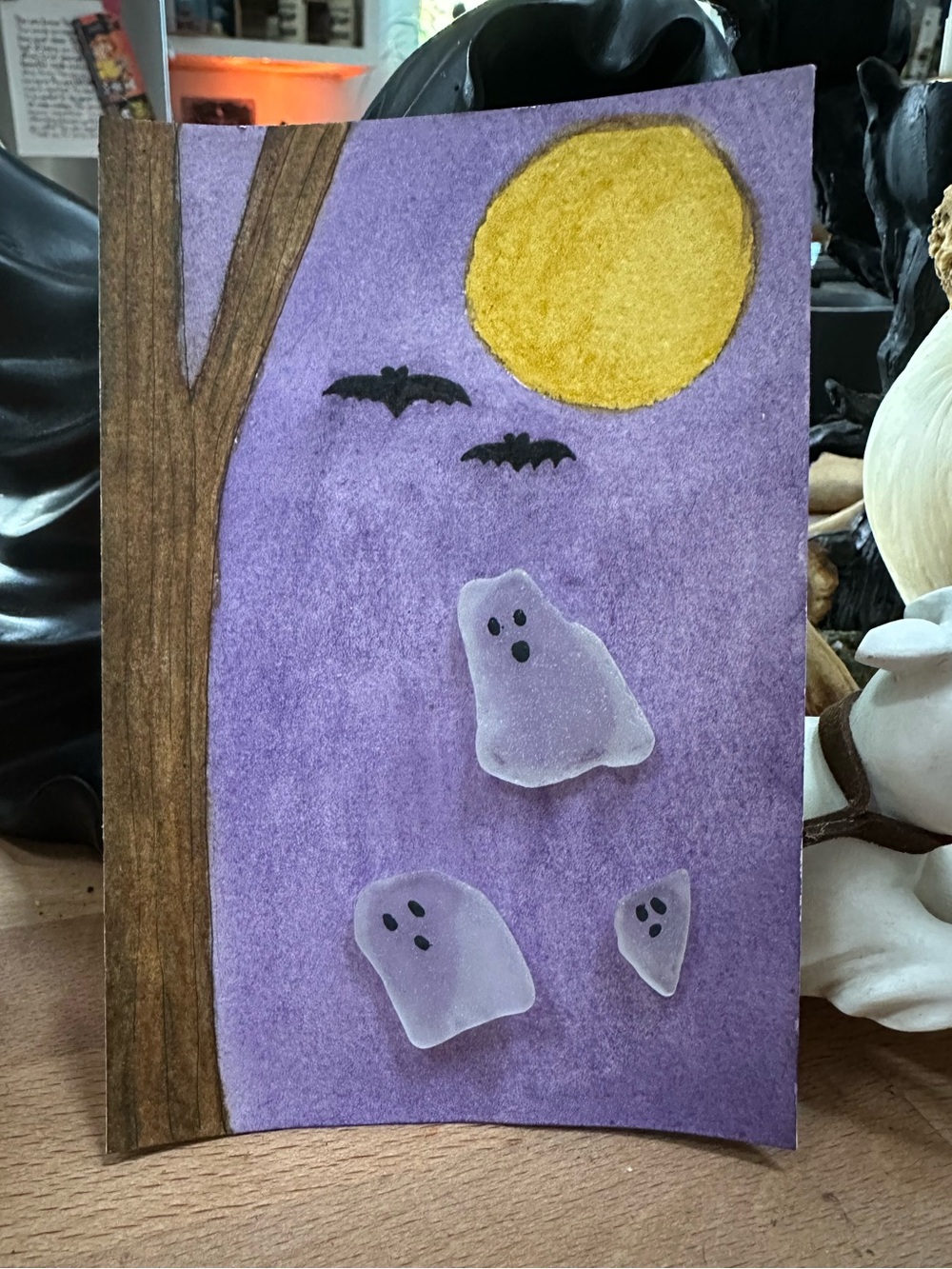 Original 4x6inch glass and watercolor Halloween art